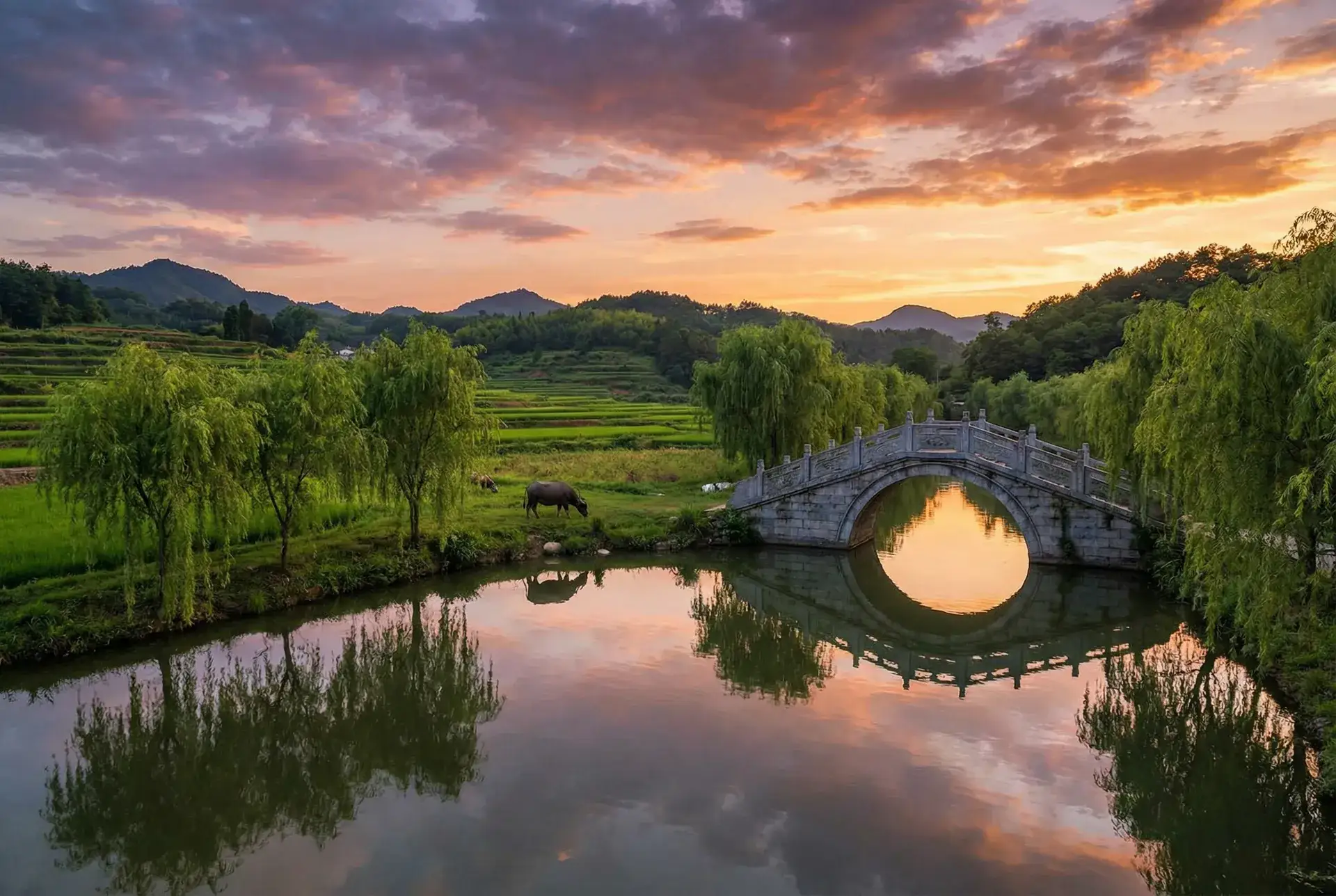 夕阳下的石拱桥与垂柳，水牛在河边吃草 - 光遇周年庆 乡村美景